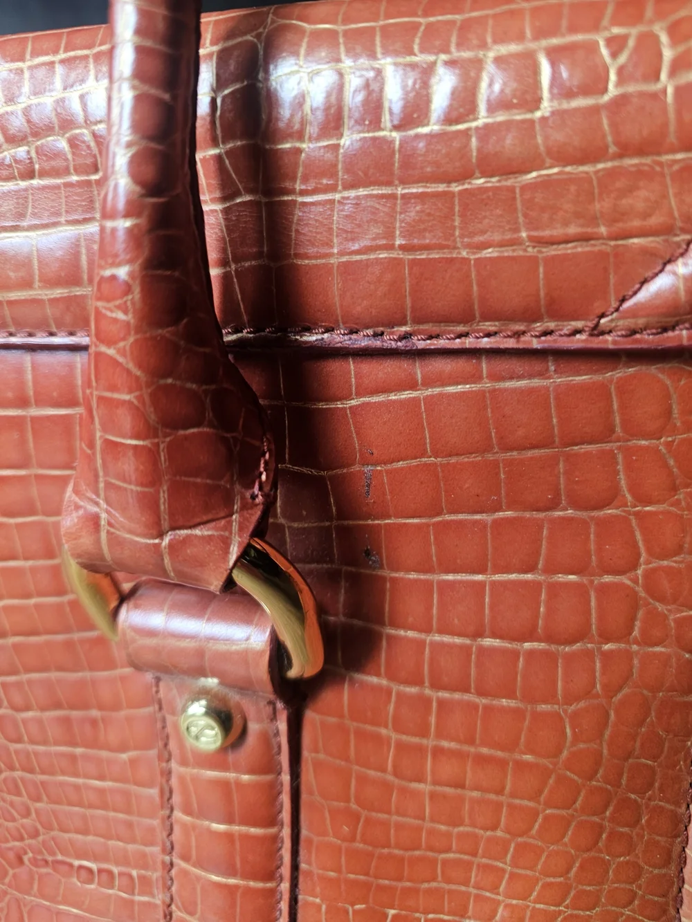Francesco Biasia Italian Leather Croc Embossed Coral Orange Satchel Handbag Gold